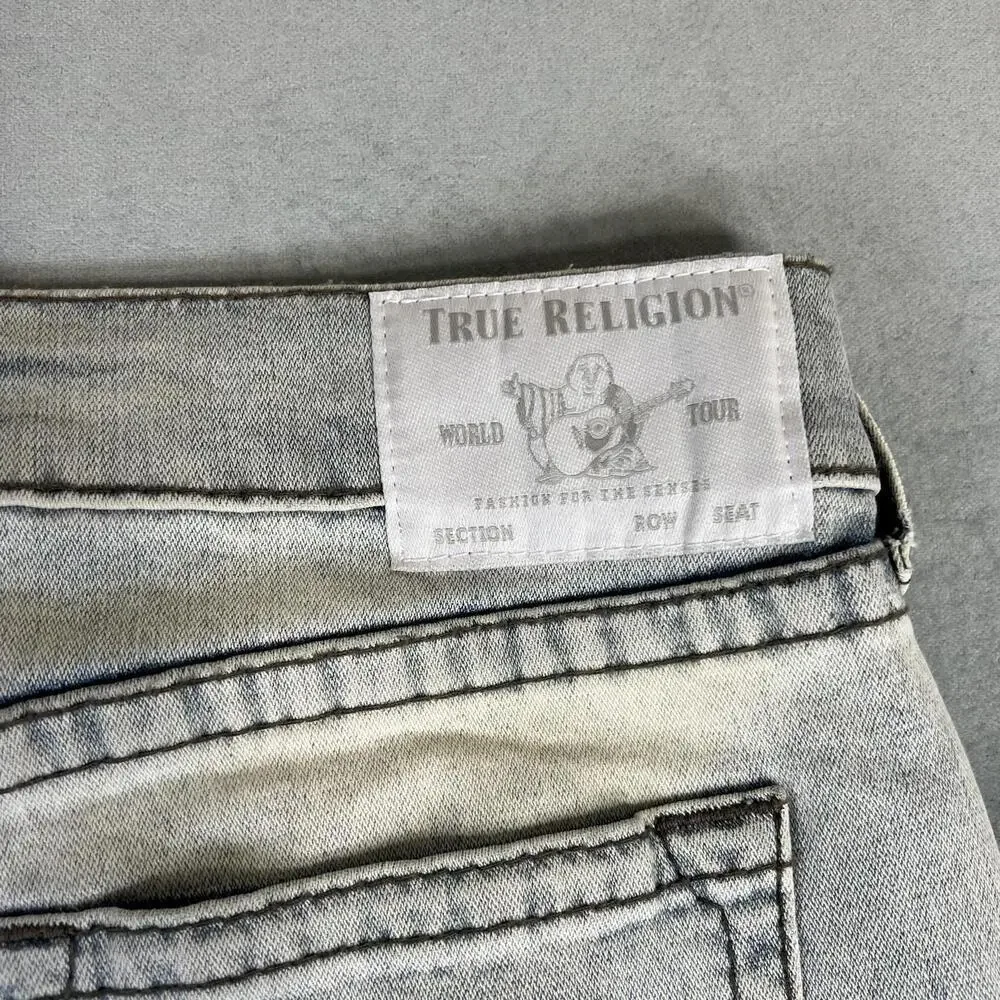 True Religion Rocco Jeans Mens 36 Blue Acid Wash Relaxed Skinny Distressed Rip
